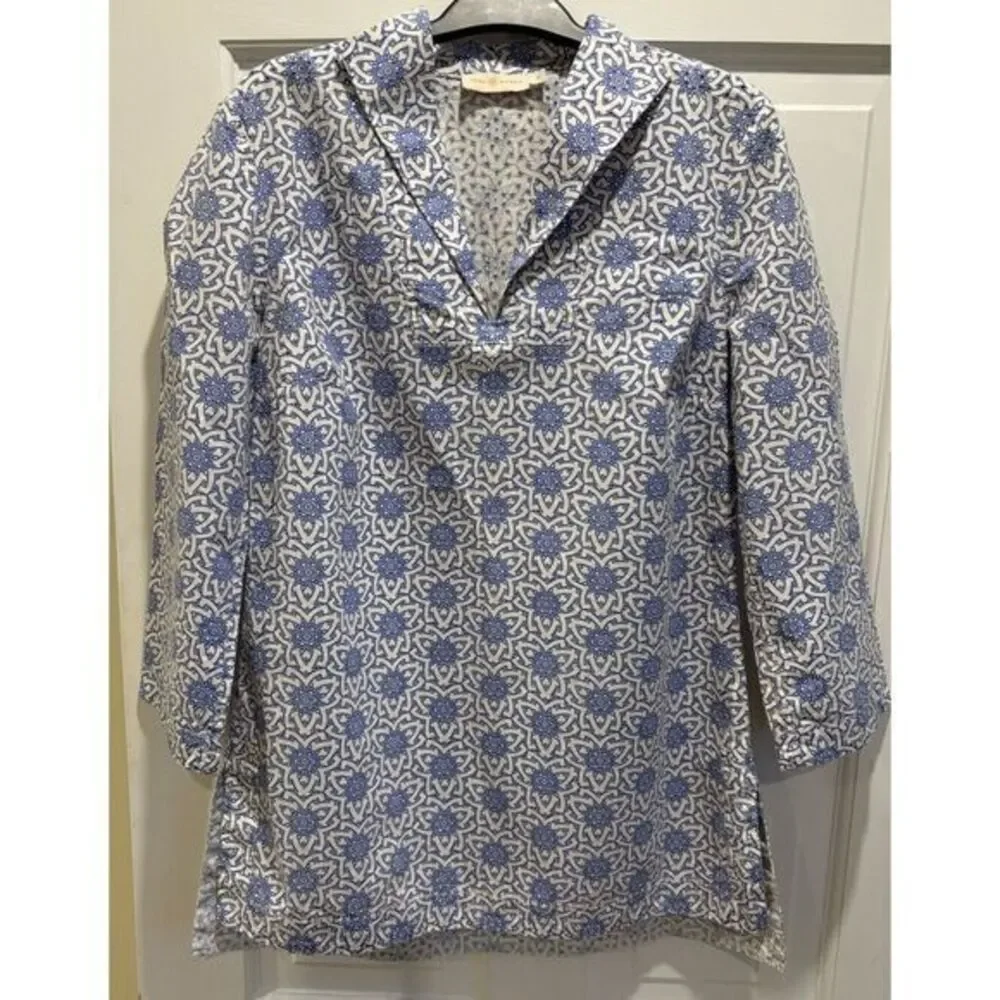 Tory Burch Blue Printed Gretchen‎ Cotton Eyelet Tunic Women's Size 10